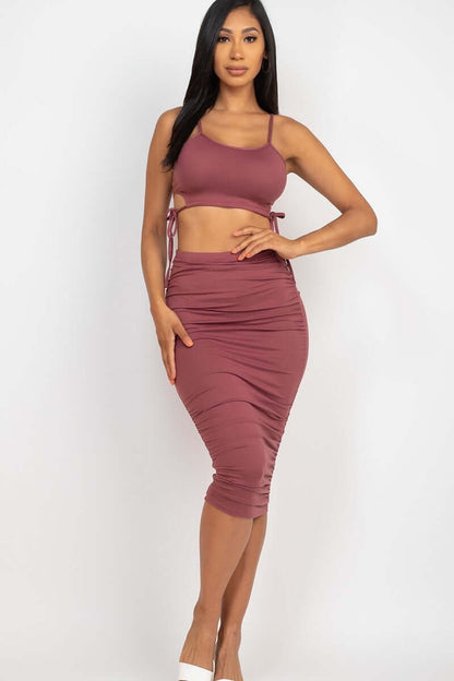 Cut-out Tie Side Crop Top & Ruched Midi Skirt Set - The Diva Goddess