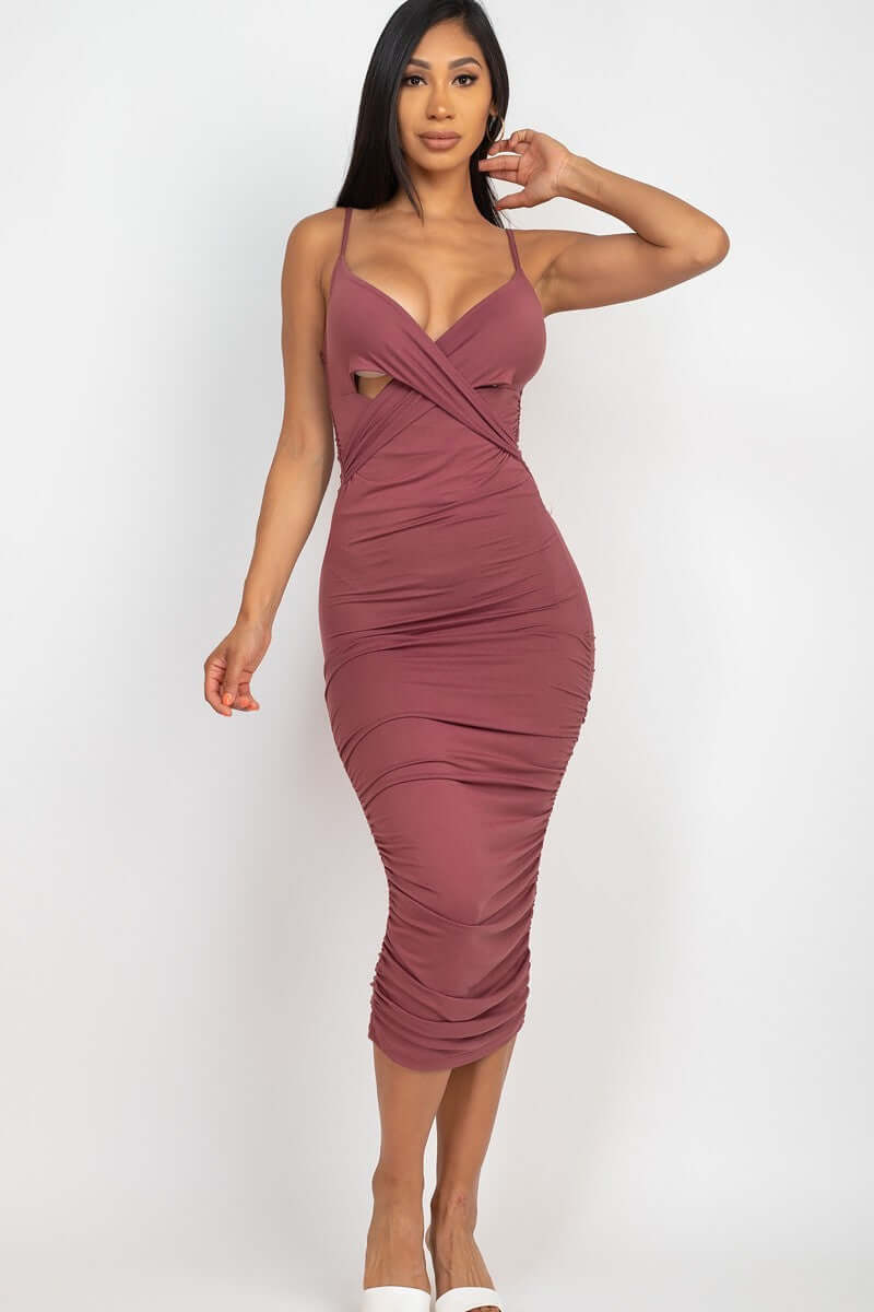 Cross Wrap Ruched Midi Dress - The Diva Goddess