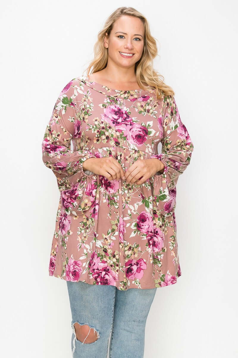 Floral, Bubble Sleeve Tunic Top - The Diva Goddess