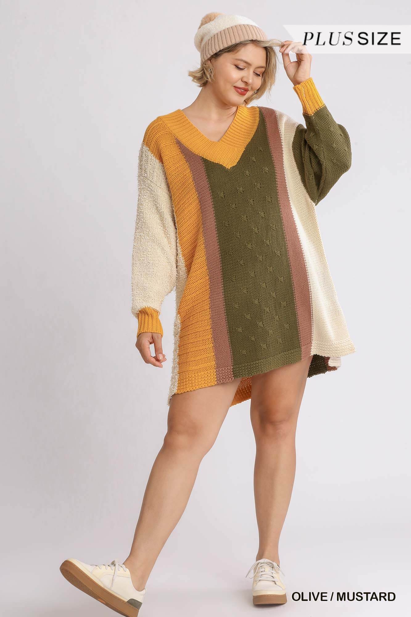 Multicolor  V-neck Pullover Sweater Dress With Side Slit - The Diva Goddess