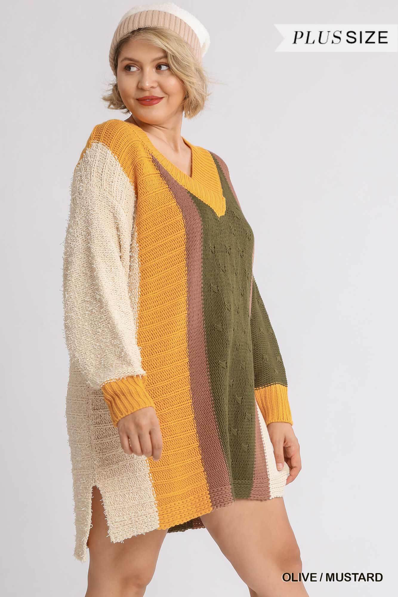 Multicolor  V-neck Pullover Sweater Dress With Side Slit - The Diva Goddess