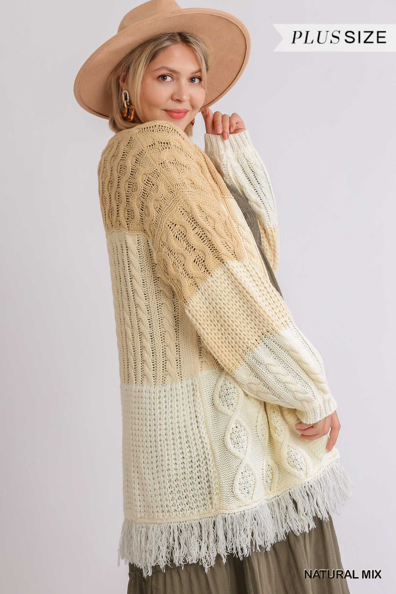 Patchwork Knitted Open Front Cardigan Sweater With Hem