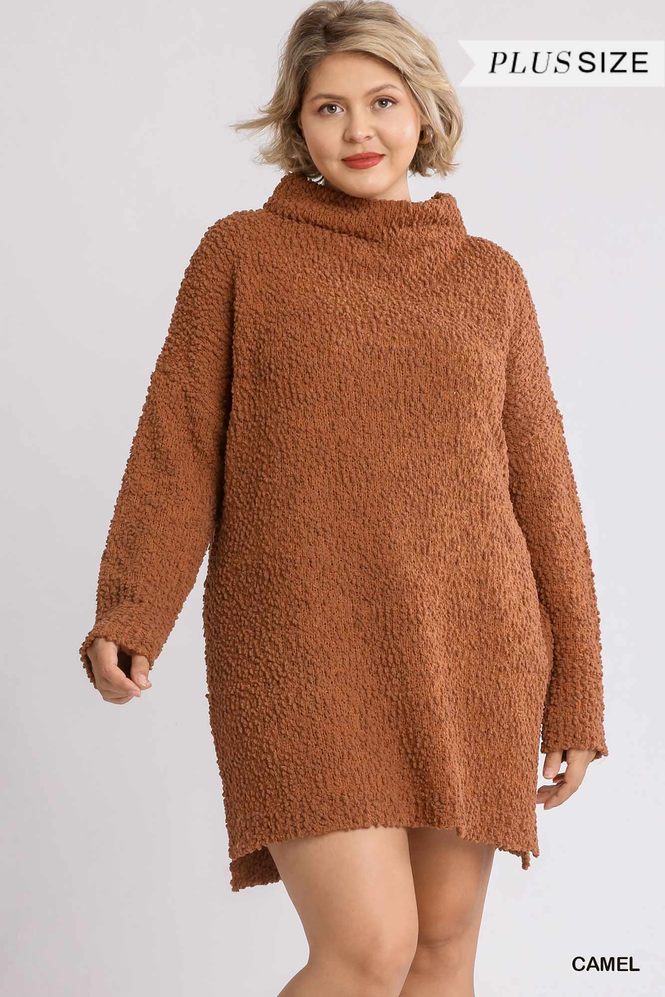 High Cowl Neck Bouclé Long Sleeve Sweater Dress - The Diva Goddess