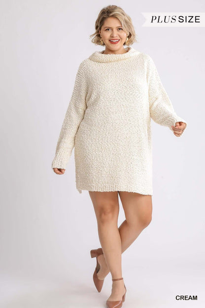 High Cowl Neck Bouclé Long Sleeve Sweater Dress - The Diva Goddess