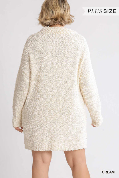 High Cowl Neck Bouclé Long Sleeve Sweater Dress - The Diva Goddess