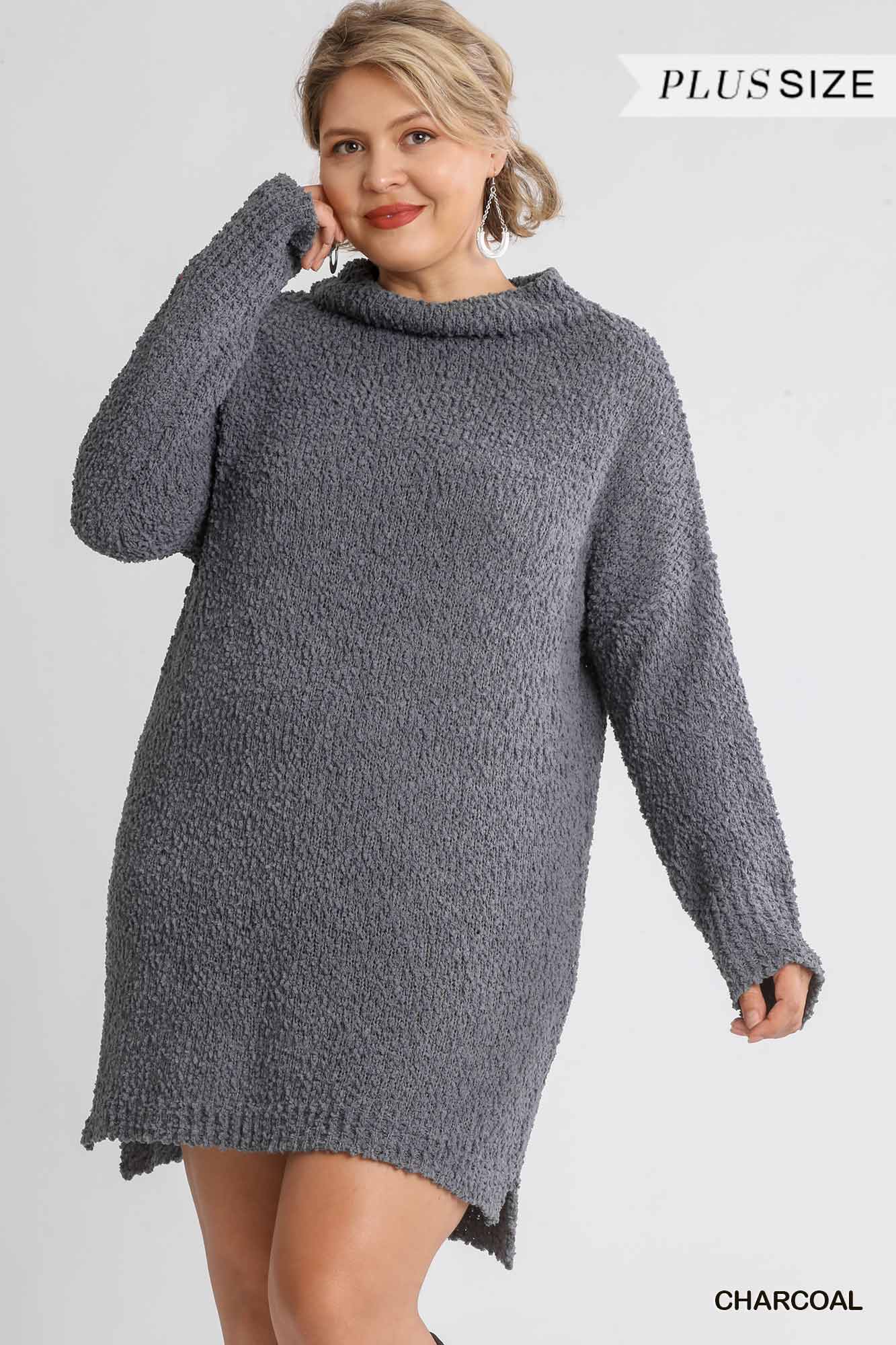 High Cowl Neck Bouclé Long Sleeve Sweater Dress - The Diva Goddess