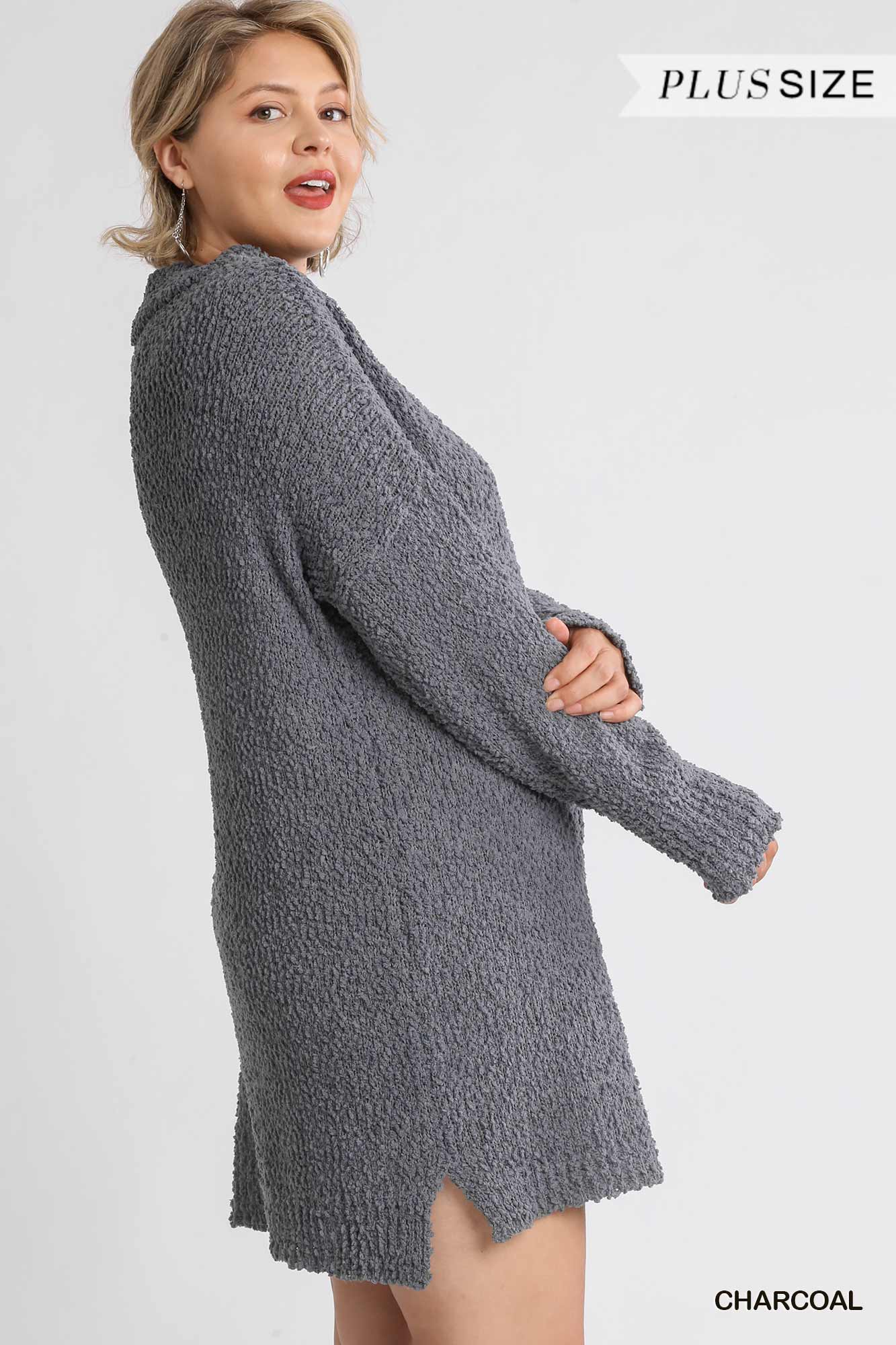 High Cowl Neck Bouclé Long Sleeve Sweater Dress - The Diva Goddess