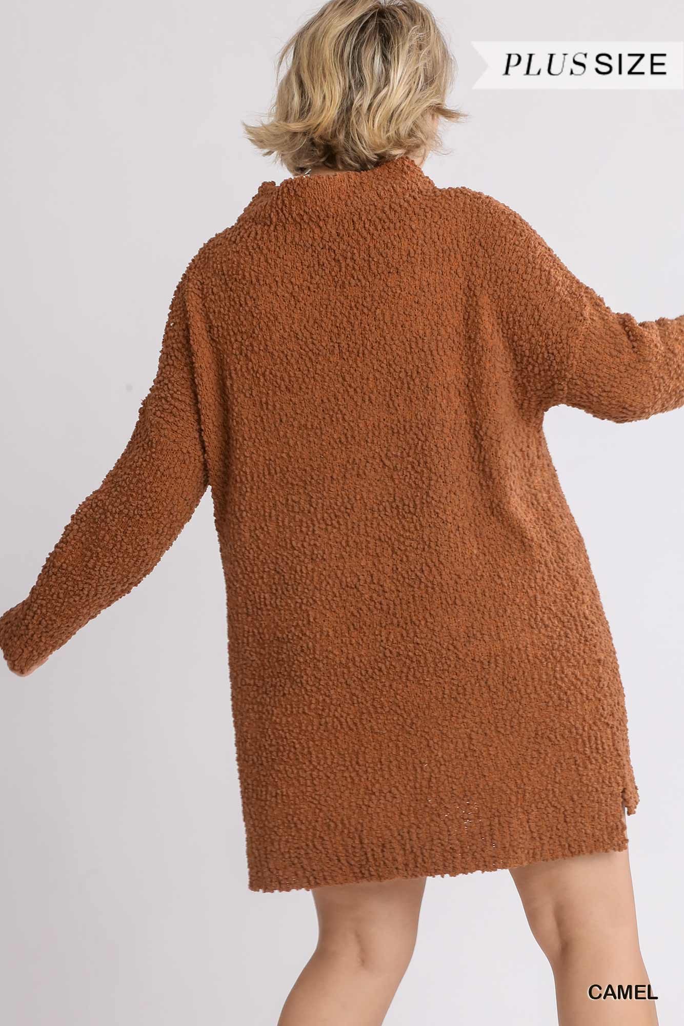 High Cowl Neck Bouclé Long Sleeve Sweater Dress - The Diva Goddess