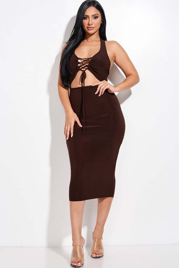 Solid Halter Neck Midi Dress With Criss Cross Front And Cutout - The Diva Goddess