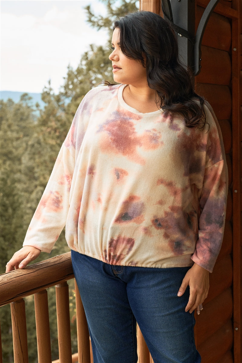 Plus Cream Tie-dye Long Sleeve Drawstring Detail Sweatshirt