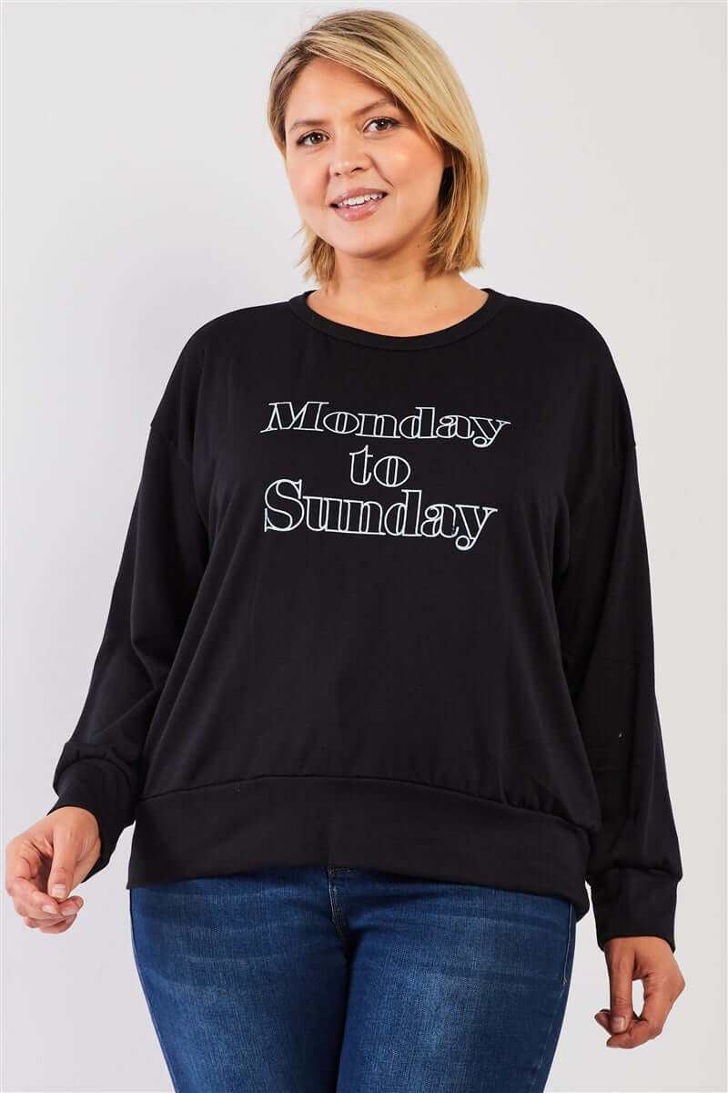 Black "monday Sunday" Print Long Sleeve Relaxed Sweatshirt Top - The Diva Goddess