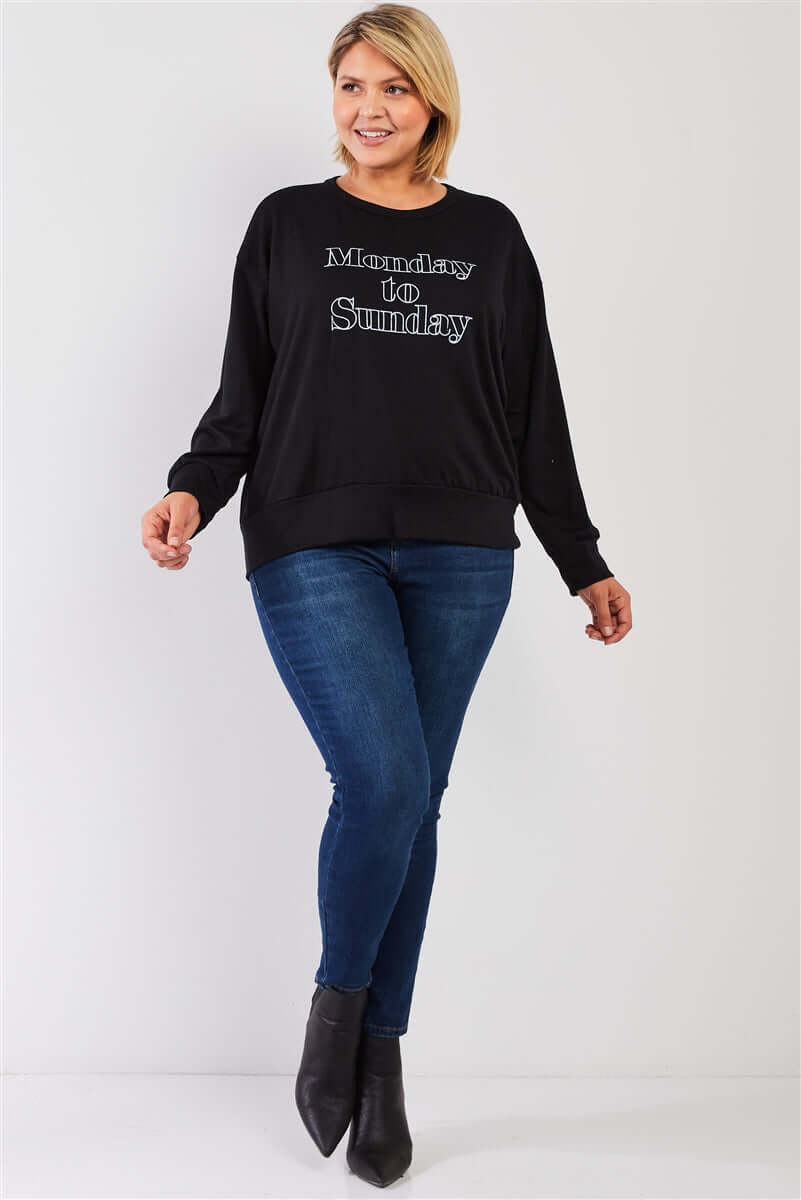 Black "monday Sunday" Print Long Sleeve Relaxed Sweatshirt Top - The Diva Goddess