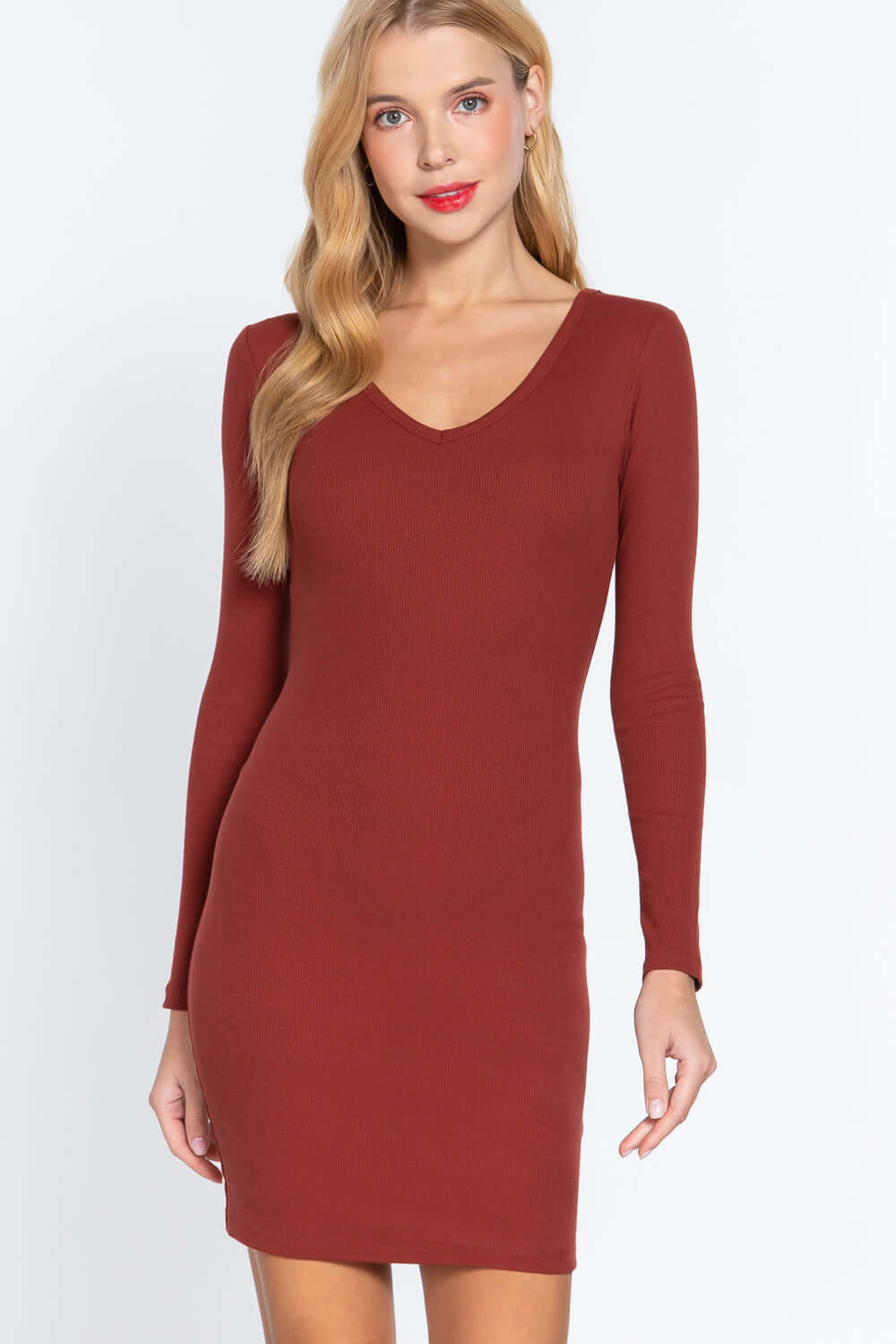 Long Slv V-neck Mini Rib Dress - The Diva Goddess