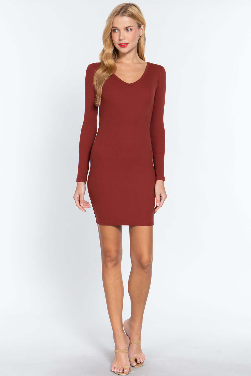 Long Slv V-neck Mini Rib Dress - The Diva Goddess