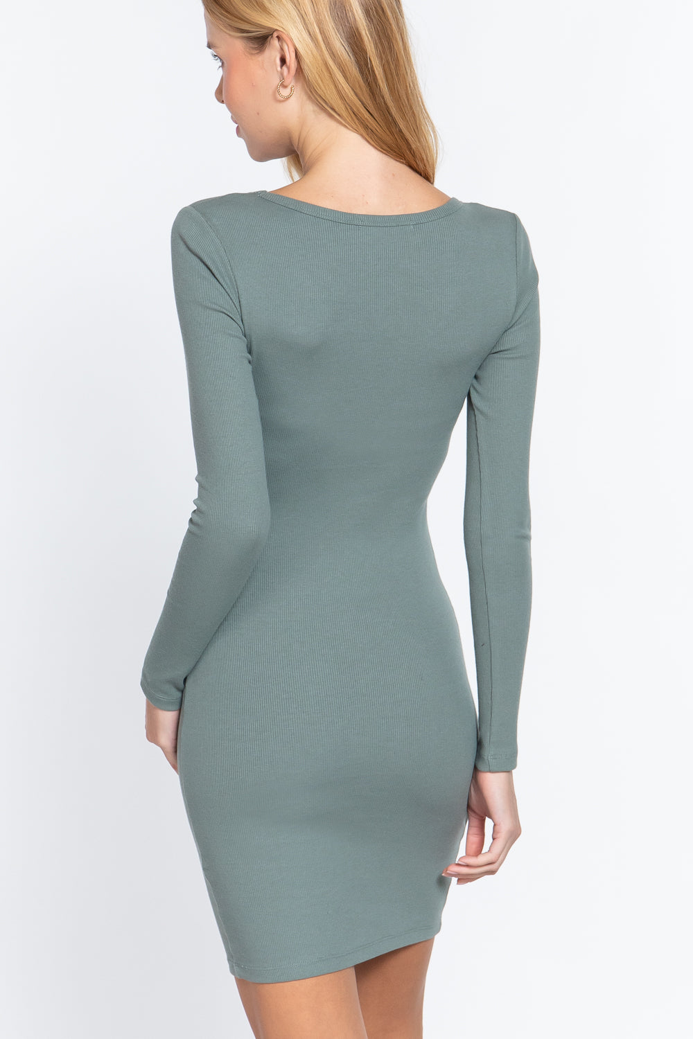 Long Sleeve V-neck Mini Rib Dress