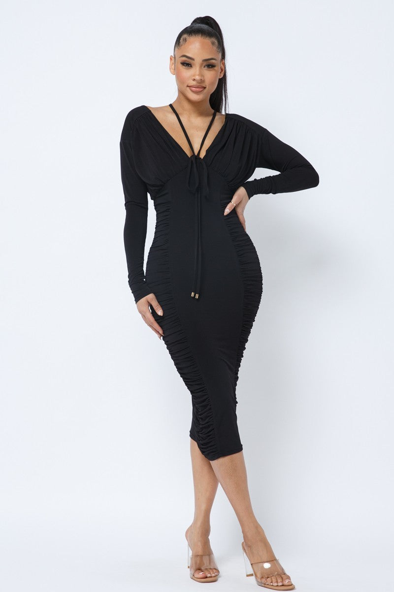 Long Sleeve Midi Dress With Low V Neck Front And Back