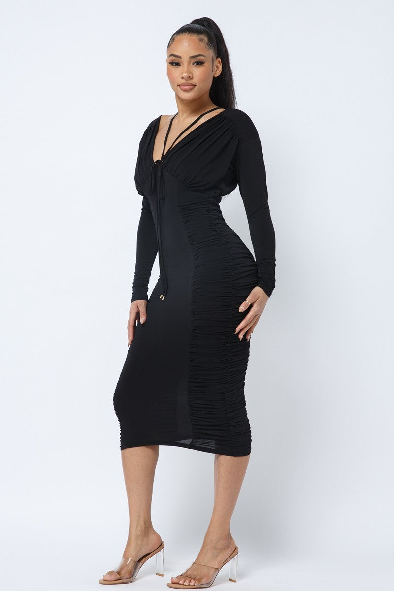 Long Sleeve Midi Dress With Low V Neck Front And Back