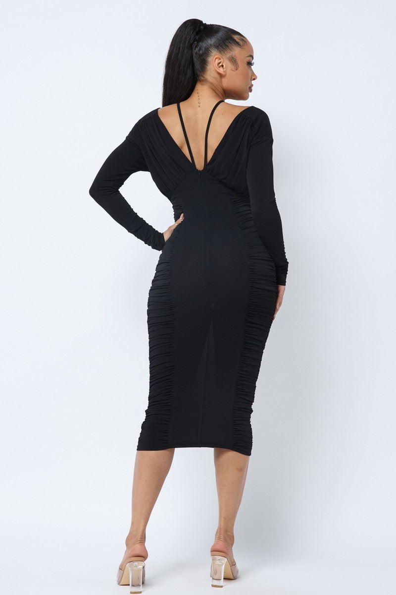 Long Sleeve Midi Dress With Low V Neck Front And Back