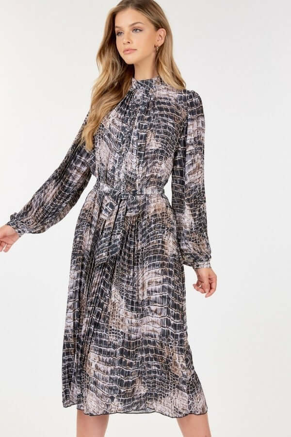 Long Sleeve Pleated Snake Skin Print Midi Dress - The Diva Goddess