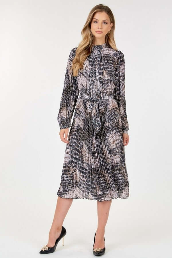 Long Sleeve Pleated Snake Skin Print Midi Dress - The Diva Goddess