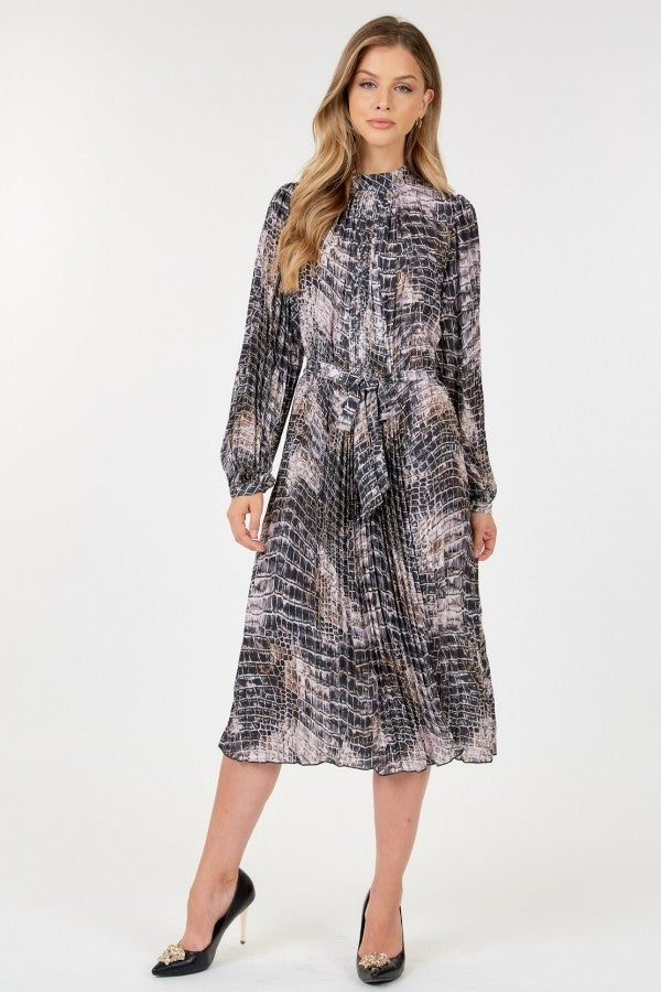 Long Sleeve Pleated Snake Skin Print Midi Dress