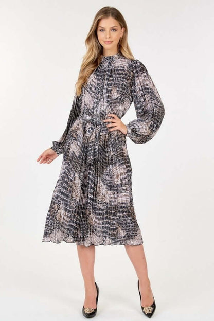 Long Sleeve Pleated Snake Skin Print Midi Dress - The Diva Goddess