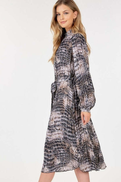 Long Sleeve Pleated Snake Skin Print Midi Dress - The Diva Goddess