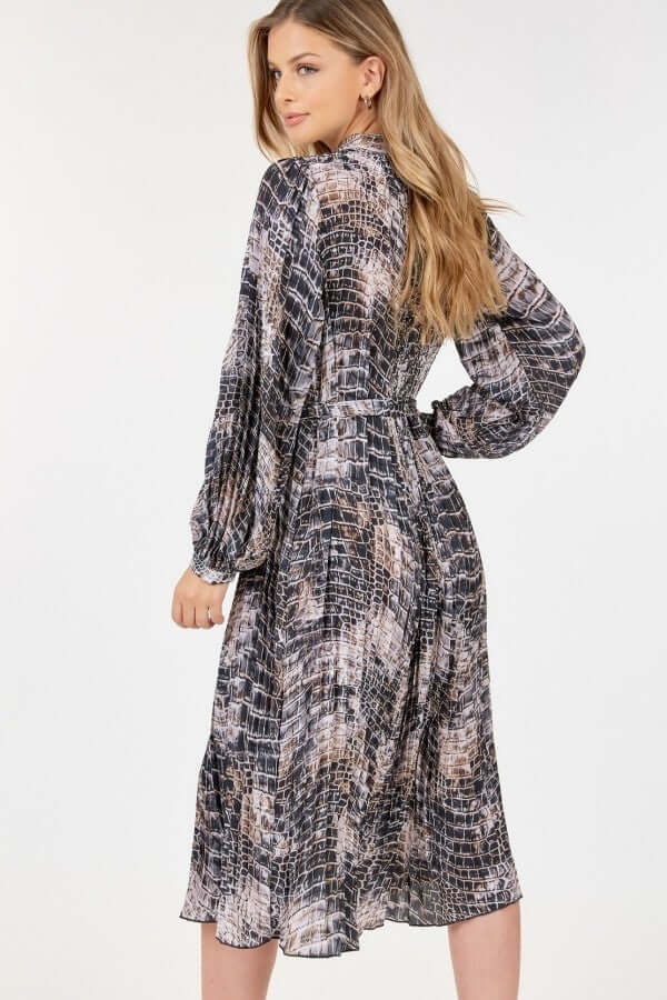 Long Sleeve Pleated Snake Skin Print Midi Dress - The Diva Goddess