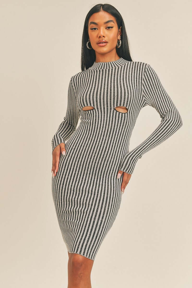 Long Sleeve Stripe Print Midi Dress - The Diva Goddess