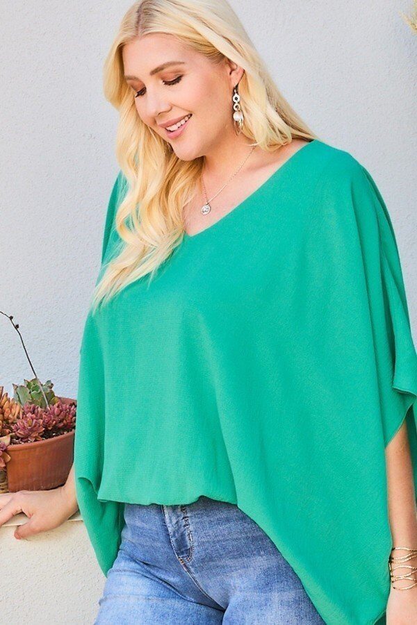 V Neck Dolman Sleeves Front Waist Elastic Solid Top - The Diva Goddess