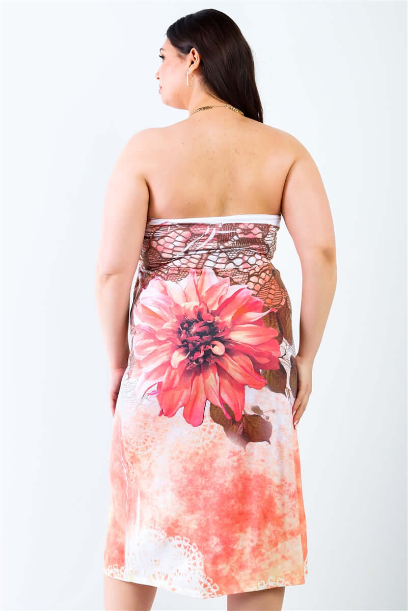 Plus Peach Flower Print Sleeveless Midi Dress - The Diva Goddess