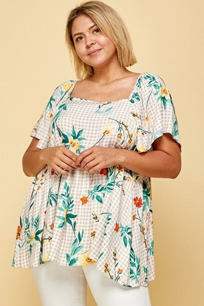 Plus Size Floral Check Printed Rayon Challis Square Neck Top