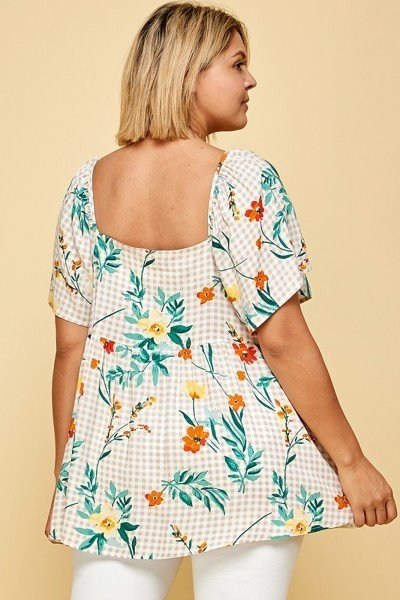 Plus Size Floral Check Printed Rayon Challis Square Neck Top