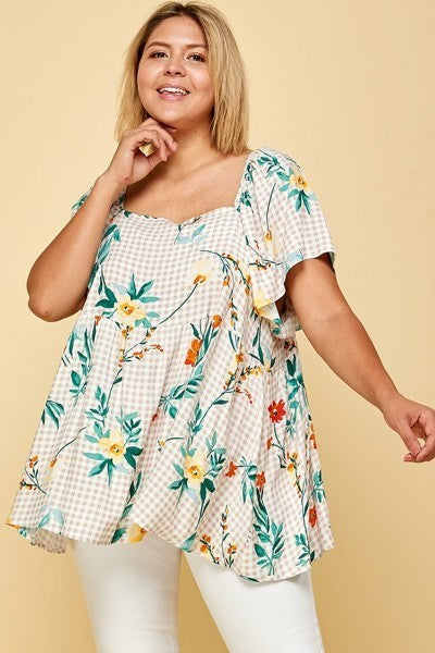 Plus Size Floral Check Printed Rayon Challis Square Neck Top