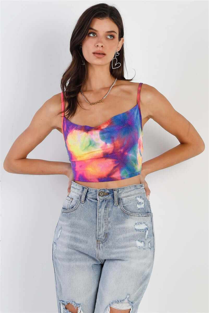 Multi Color Neon Tie-dye Lurex Cowl Neck Sleeveless Crop Top - The Diva Goddess