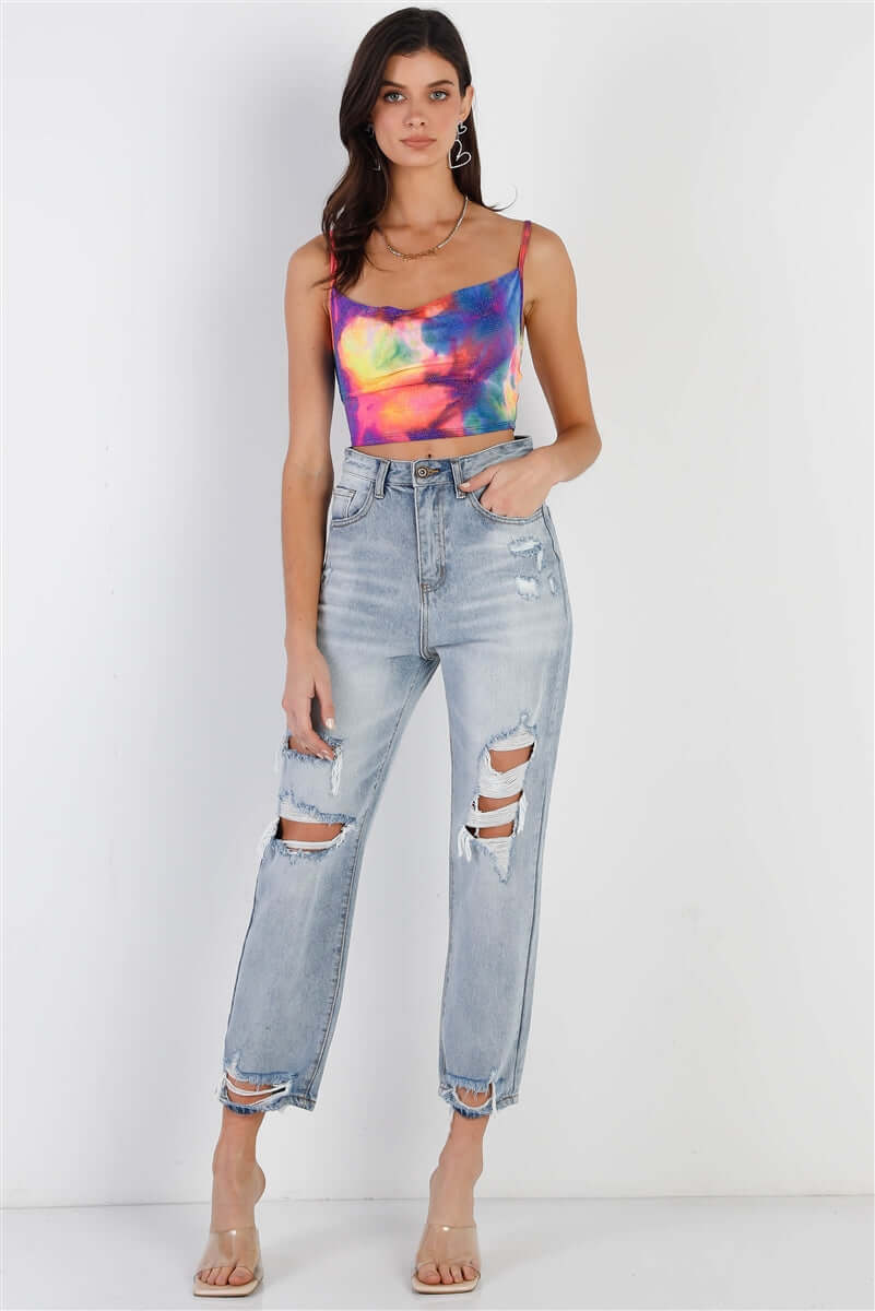 Multi Color Neon Tie-dye Lurex Cowl Neck Sleeveless Crop Top - The Diva Goddess