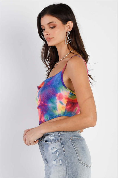 Multi Color Neon Tie-dye Lurex Cowl Neck Sleeveless Crop Top - The Diva Goddess