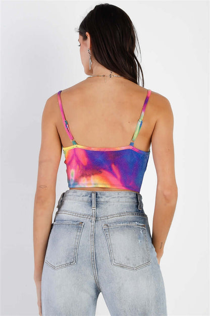 Multi Color Neon Tie-dye Lurex Cowl Neck Sleeveless Crop Top - The Diva Goddess