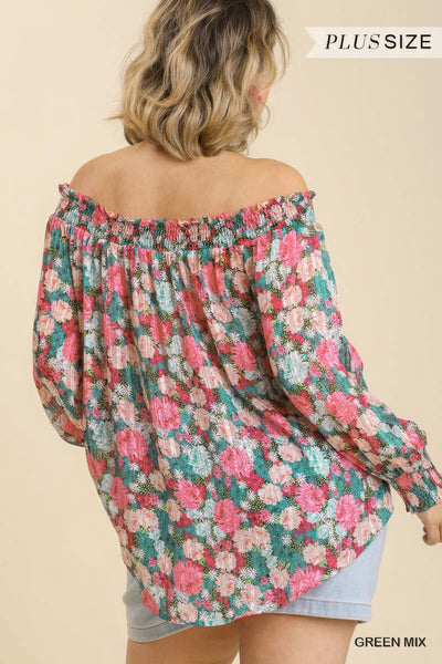 Sheer Floral Print Metallic Threading Long Sleeve Off Shoulder Top With High Low Hem