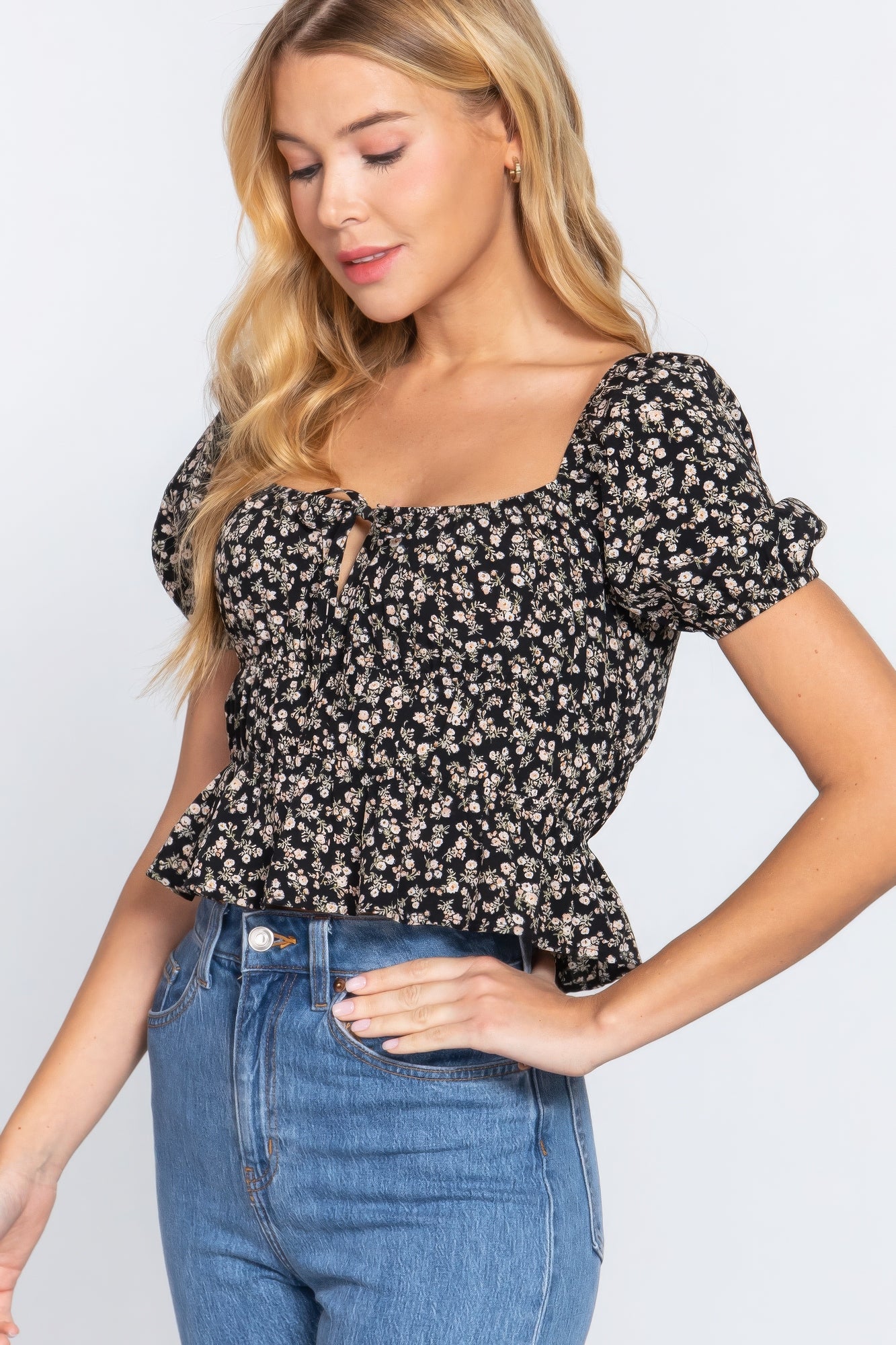 Short Slv Shirring Print Woven Top