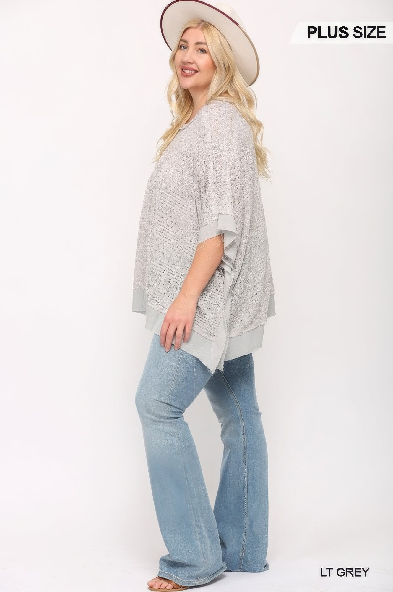 Light Knit And Woven Mixed Boxy Top With Poncho Sleeve