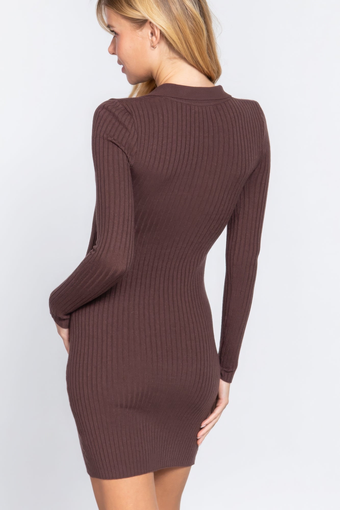 Long Sleeve V-neck Sweater Rib Mini Dress