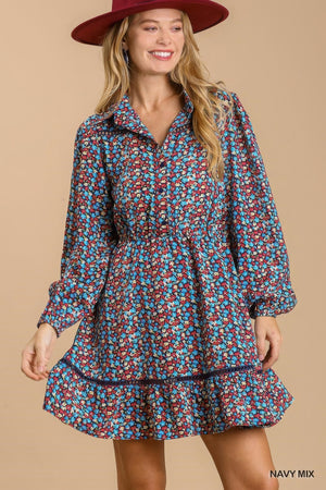 Collared Neckline Button Down Floral Print Dress