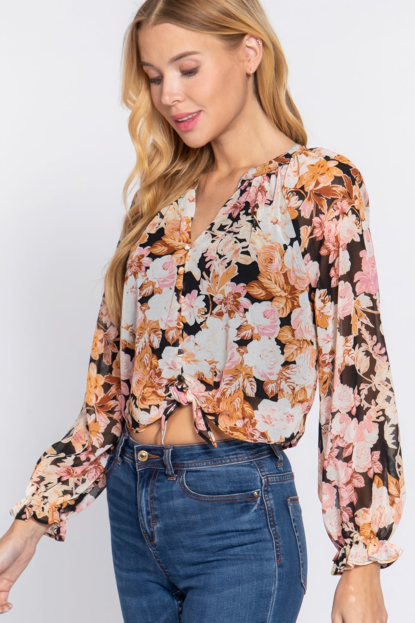 Front Tie Detail Print Woven Blouse