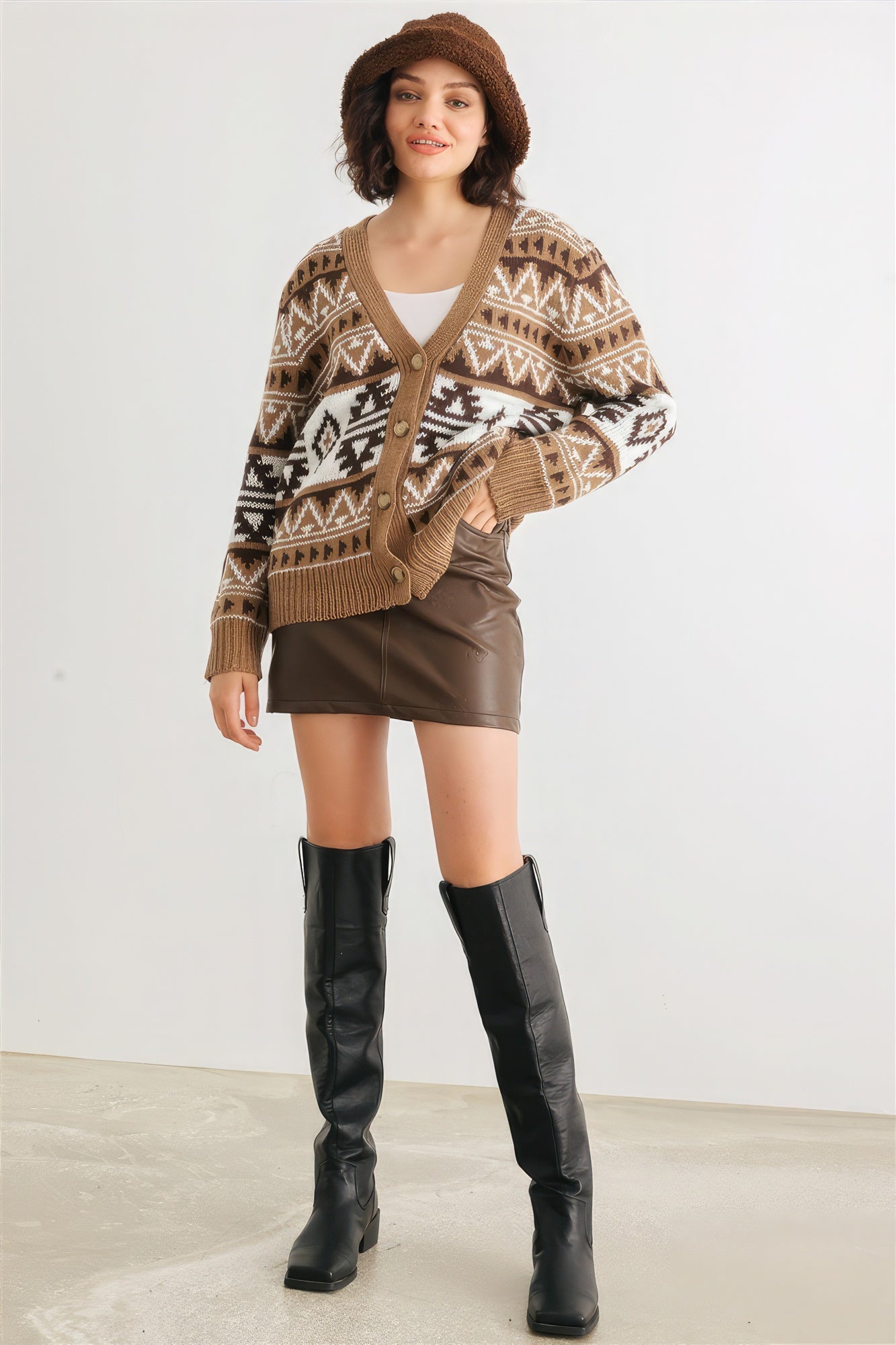 Fair Isle Knit Button-up Long Sleeve Cardigan Sweater