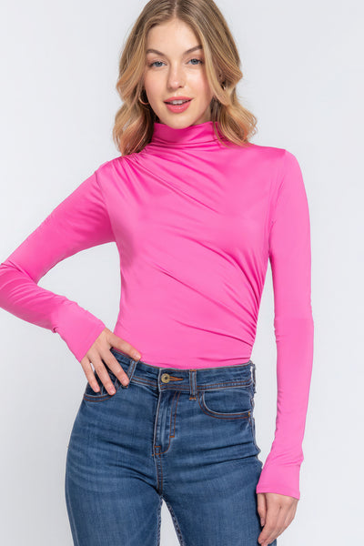 Long Sleeve High Neck Shirring Detail Knit Bodysuit