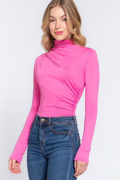 Long Sleeve High Neck Shirring Detail Knit Bodysuit