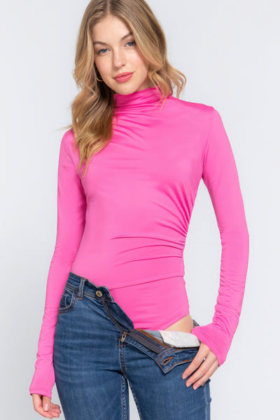 Long Sleeve High Neck Shirring Detail Knit Bodysuit