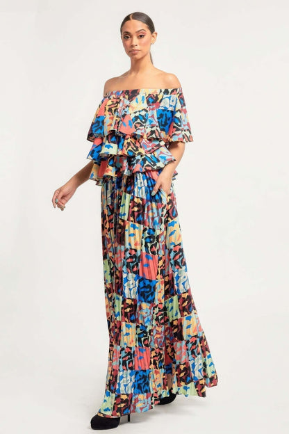 Printed Ruffle Top And Pleated Skirt Set