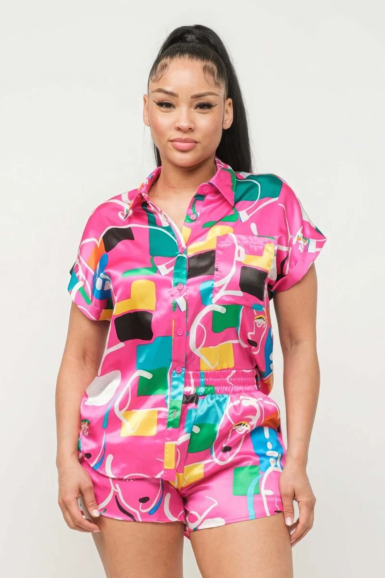 Satin Dolman Print Button Down Top And Shorts Set